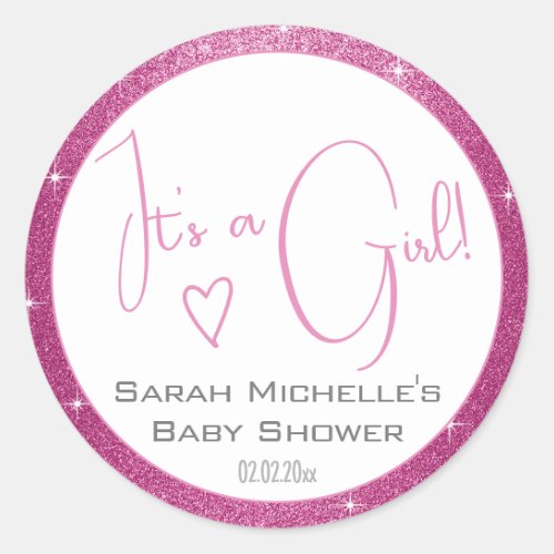 Girly Pink White Glitter Stars Frame Baby Shower Classic Round Sticker