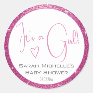 Girly Pink White Glitter Stars Frame Baby Shower Classic Round Sticker