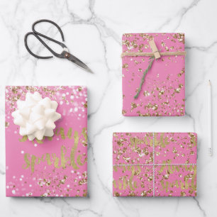 Girly Pink White Gold Confetti Sparkle Wrapping Paper Sheets
