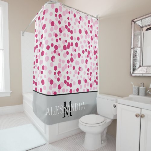 Girly Pink White Grey Dots Custom Shower Curtain