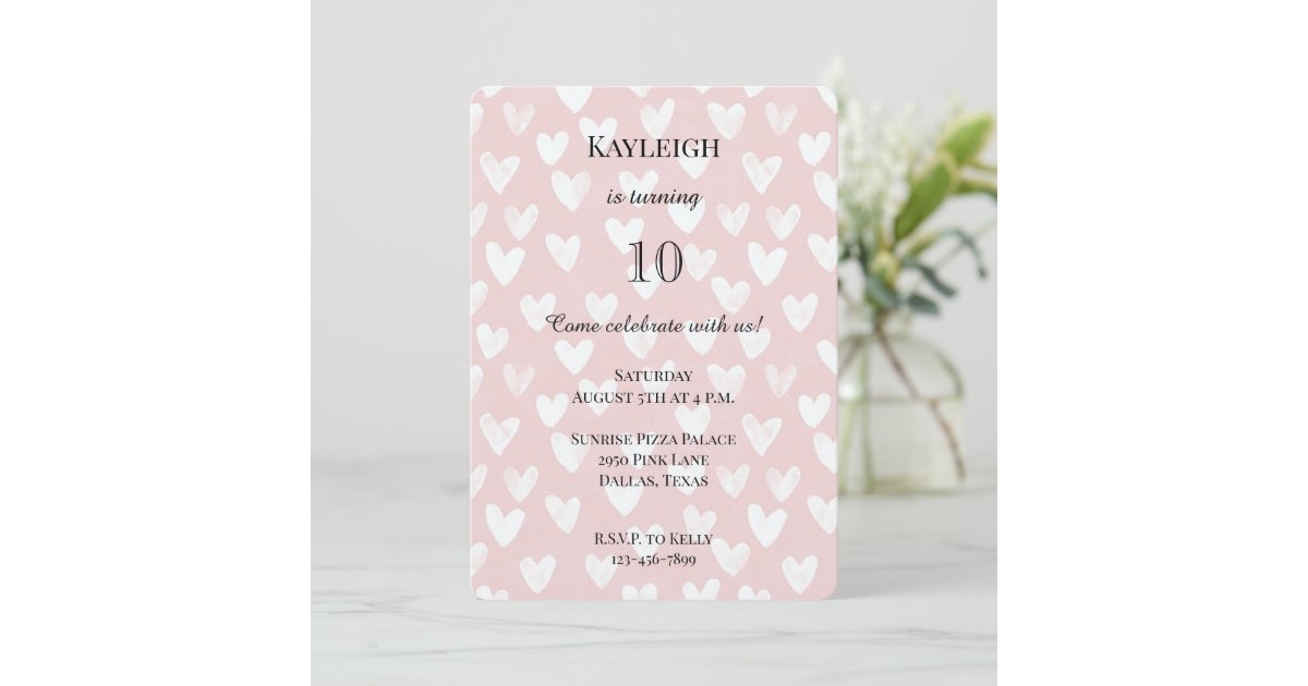 Pink Invitations Heart Girly Pink White Hearts Birthday Invitation | Zazzle