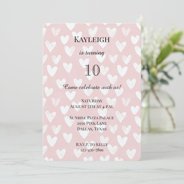 Girly Pink White Hearts Birthday Invitation (Standing Front)