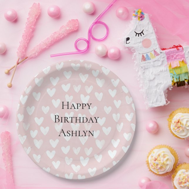 Girly Pink White Hearts Birthday Paper Plates (Party)
