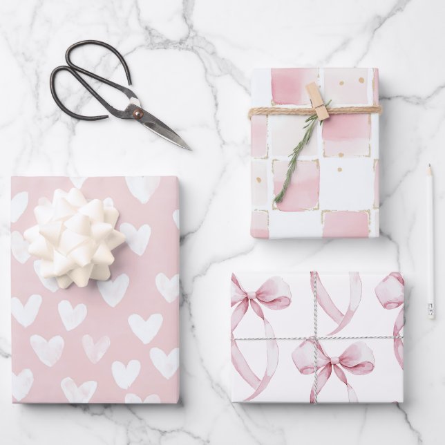 Girly Pink White Hearts Birthday Wrapping Paper Sheets (Front)