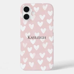 Girly Pink White Hearts iPhone 16 Plus Case