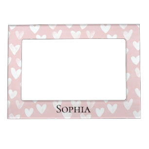 Girly Pink White Hearts   Magnetic Frame