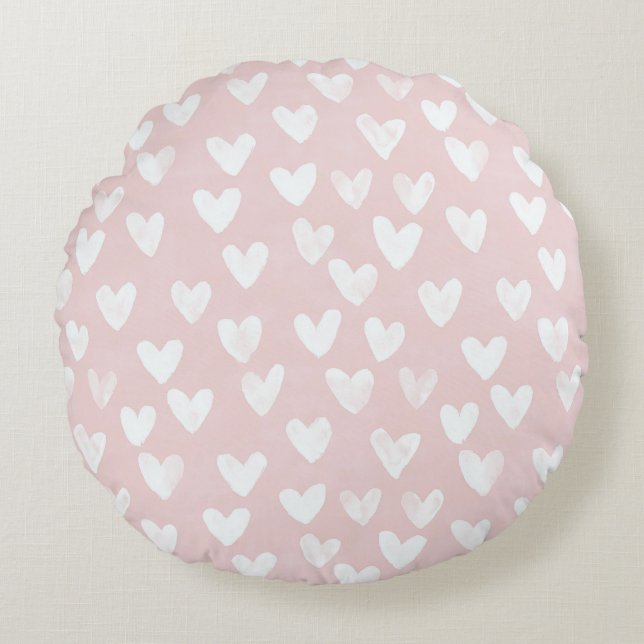 Girly Pink White Hearts Round Pillow (Front)