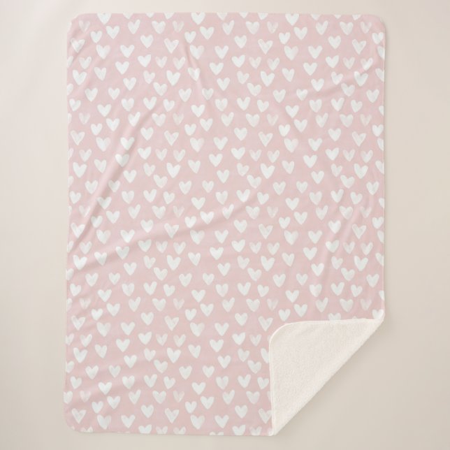 Girly Pink White Hearts Sherpa Blanket (Front)