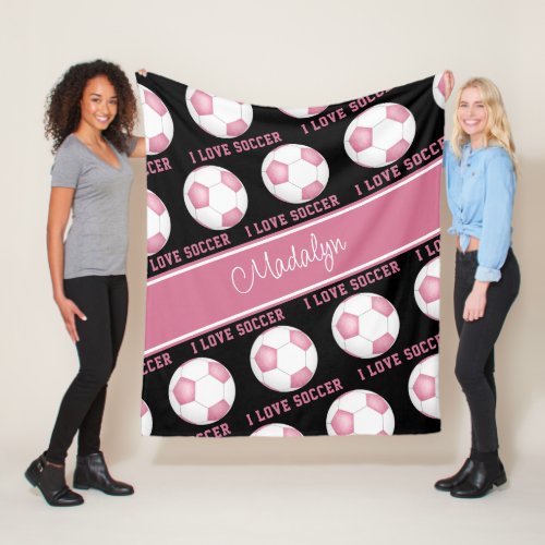 girly pink white I love soccer text pattern Fleece Blanket