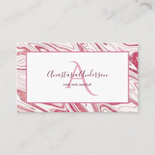 Girly Pink White Marble Glitter Elegant Monogram Business Card
