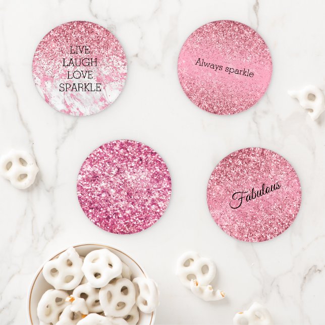 Girly Pink White Marble Glitter Sparkle   Coaster Set (In Situ)
