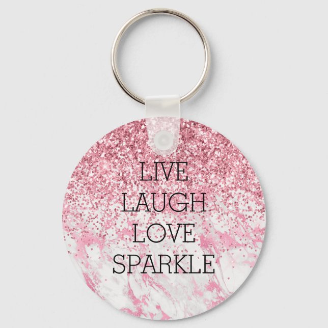 Girly Pink White Marble Glitter Sparkle   Keychain (Front)