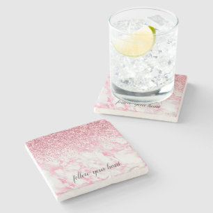 Girly Pink White Marble Glitter Stone Coaster