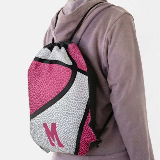 girly pink white monogrammed basketball drawstring bag