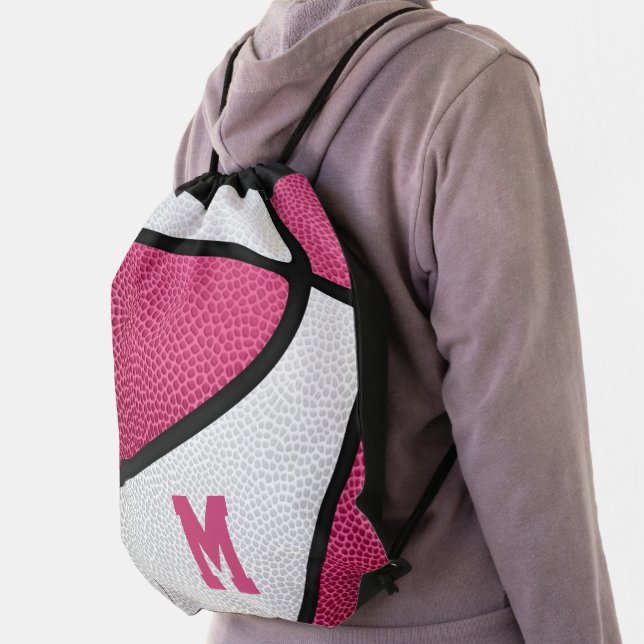 girly pink white monogrammed basketball drawstring bag (Insitu)