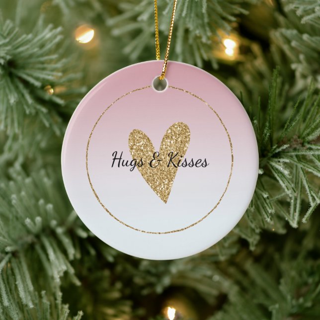 Girly Pink White Ombre Gold Glitter Heart Ceramic Ornament (Tree)