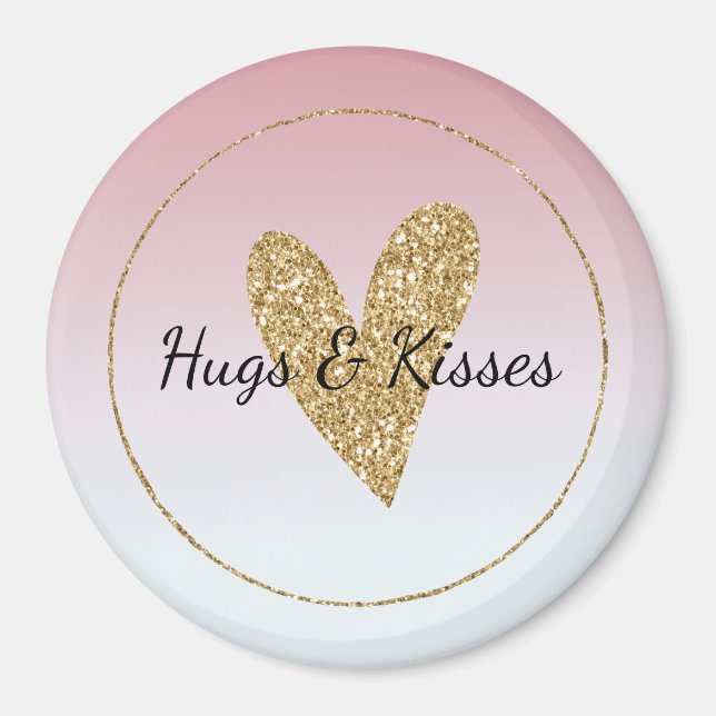 Girly Pink White Ombre Gold Glitter Heart Magnet (Front)