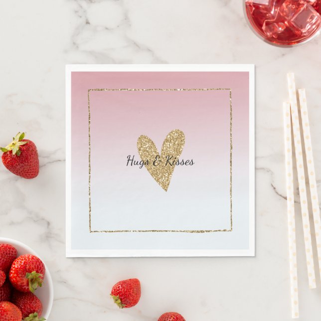 Girly Pink White Ombre Gold Glitter Heart Napkins (Insitu)