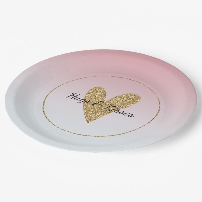 Girly Pink White Ombre Gold Glitter Heart Paper Plates (Angled)