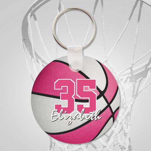 girly pink white personalized basketball keychain
