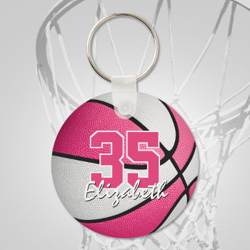 Girly Pink White Personalized Basketball Keychain by katz_d_zynes at Zazzle