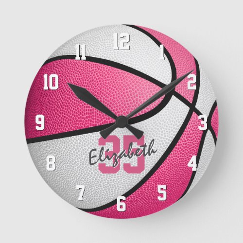 girly pink white personalized basketball round clock
