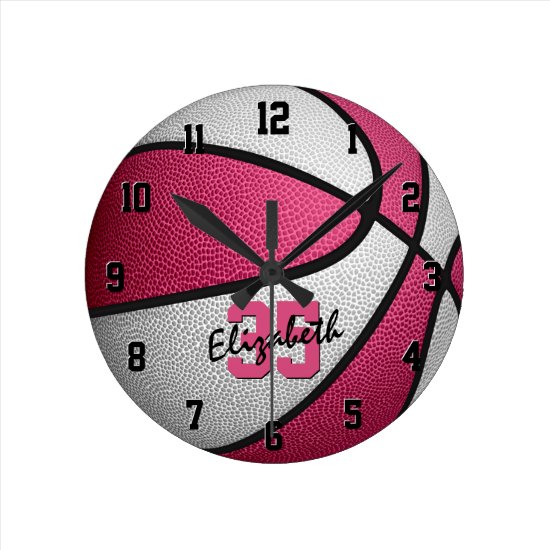 girly pink white personalized basketball round clock