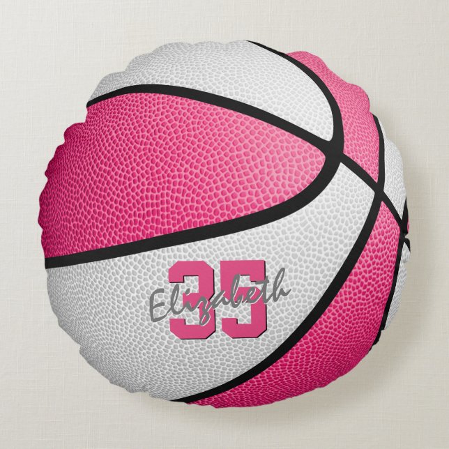 girly pink white personalized basketball round pillow (Front)