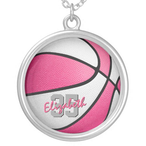 girly pink white personalized basketball silver plated necklace
