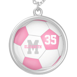 girly pink white personalized soccer silver plated necklace