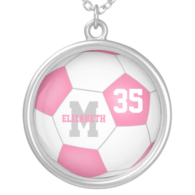 girly pink white personalized soccer silver plated necklace (Front)