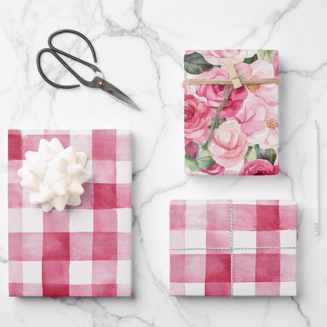 Girly Pink White Plaid Stripes Bridal Shower Wrapping Paper Sheets (Front)