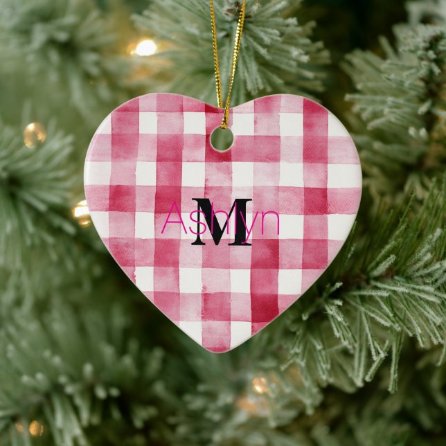 Girly Pink White Plaid Stripes Monogram Christmas Ceramic Ornament (Tree)