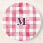 Girly Pink White Plaid Stripes Monogram  Coaster