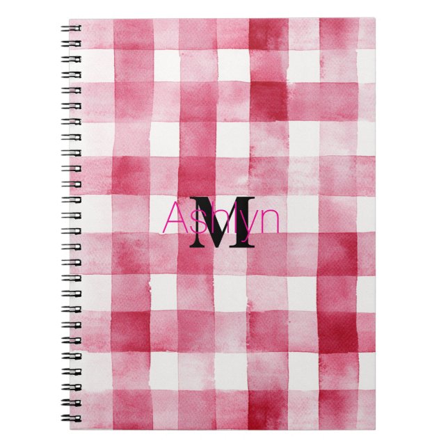 Girly Pink White Plaid Stripes Monogram Notebook (Front)