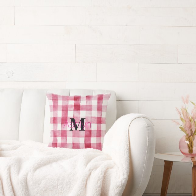 Girly Pink White Plaid Stripes Monogram  Throw Pillow (Couch)