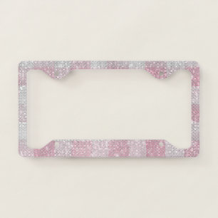 Girly Pink White Plaid Stripes Sparkle License Plate Frame