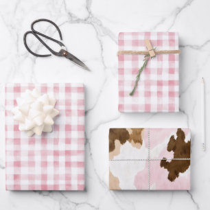 Girly Pink White Plaid Stripes Western Birthday Wrapping Paper Sheets