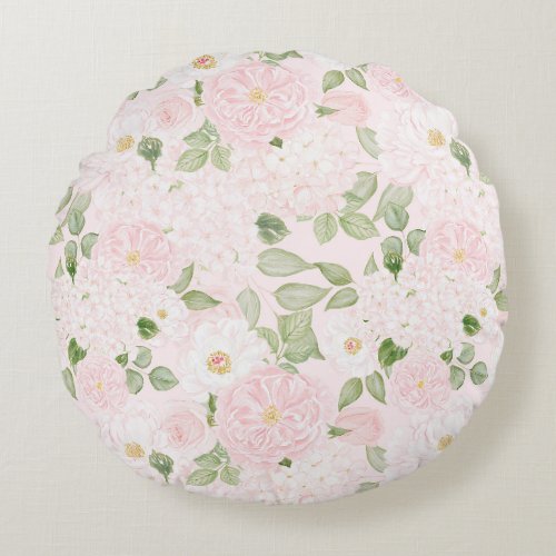 Girly Pink White Pretty Flowers Round Pillow