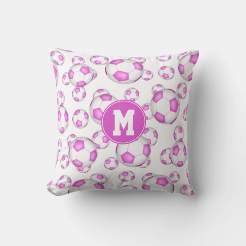 girly pink white soccer balls pattern monogrammed throw pillow