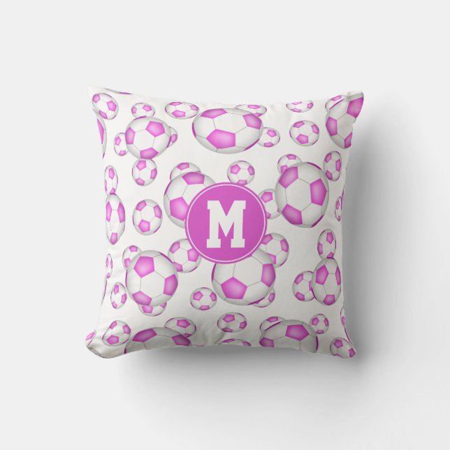 girly pink white soccer balls pattern monogrammed throw pillow (Front)