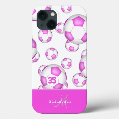 girly pink white soccer balls personalized iPhone 13 case