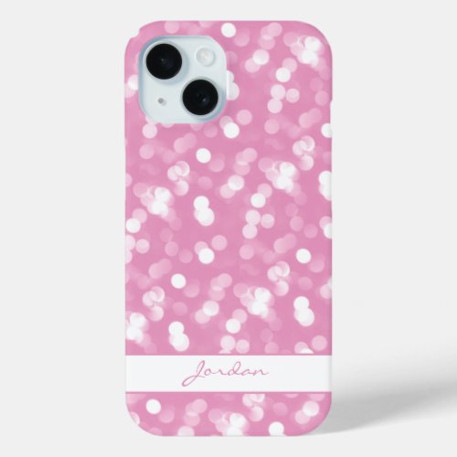 Girly Pink  White Sparkle Glitter w Name iPhone 15 Case
