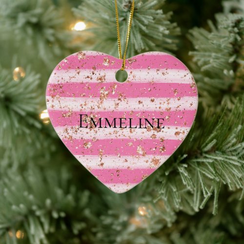 Girly Pink White Stripes Glitter Splatter Ceramic Ornament