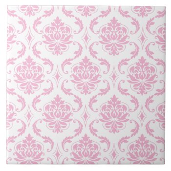 Girly Pink White Vintage Damask Pattern Tile by DamaskGallery at Zazzle