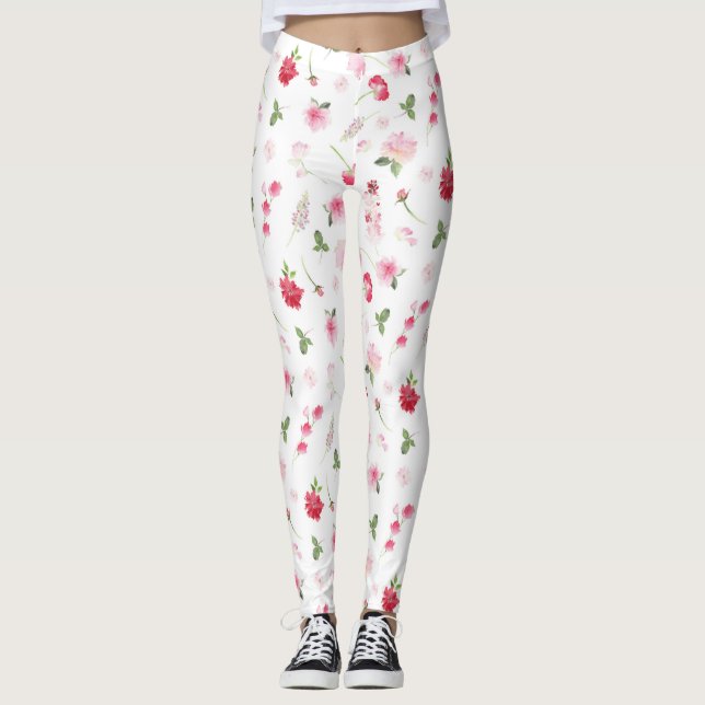 Girly Pink White Watercolor Floral Pattern Leggings (Front)
