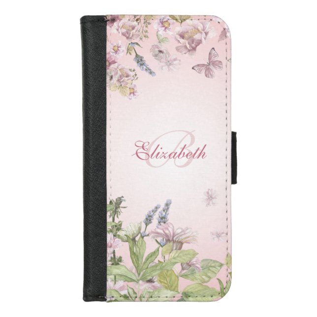 Girly Pink Wildflowers + Butterfly, Name + Initial iPhone Wallet Case (Front)