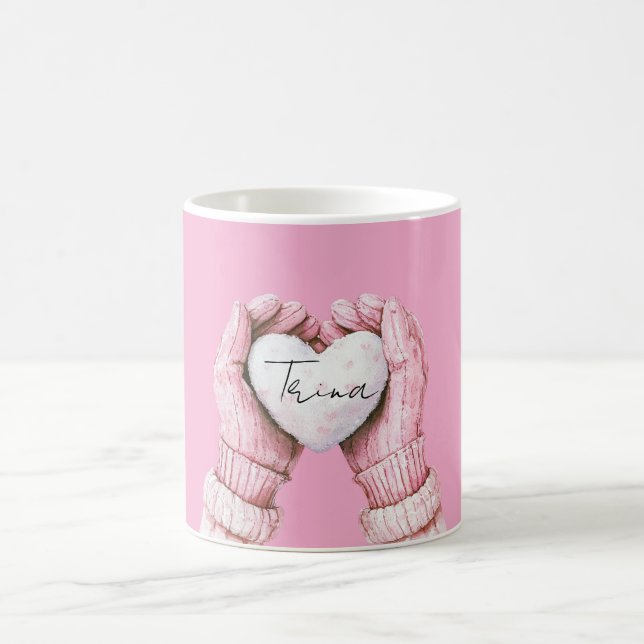 Girly Pink Winter Gloves White Heart Coffee Mug (Center)