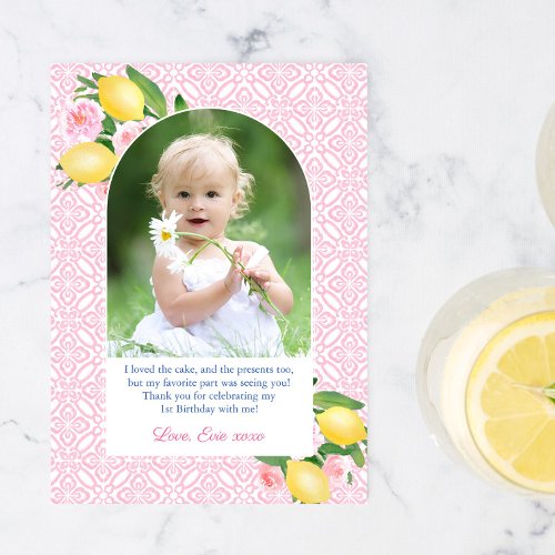 Girly Pink With Citrus Lemons Birthday Party Photo Thank You Card