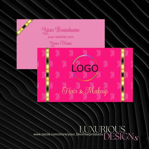 Girly Pink with Logo Letters Pattern Gold Stripes Business Card